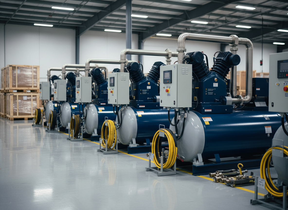 A row of large industrial air compressors in flawless, rent-ready condition, finished in clean navy blue and light gray powder coat, with polished stainless-steel piping and clearly labeled control panels. They stand on a spotless epoxy-coated warehouse floor, surrounded by neatly organized hoses and accessories, with palletized crates in the distant background. Cool, diffused overhead LED lighting creates crisp reflections on metal surfaces and gentle shadows beneath each unit. Photographic realism at eye level, with a slightly wide-angle composition that captures several models in sharp focus. The mood is professional, reliable, and orderly, conveying a sense of scale, readiness, and nationwide rental capability for manufacturing facilities.